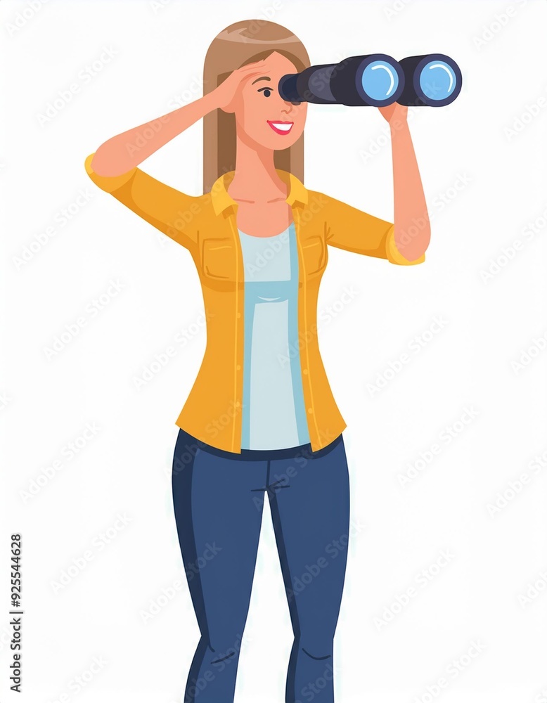 Happy woman holding huge tourists binocular and looking far ahead. Vector illustration for observation, discovery, future concept Happy woman holding huge tourists binocular and looking far ahead. Vector illustration for observation, discovery, future concept