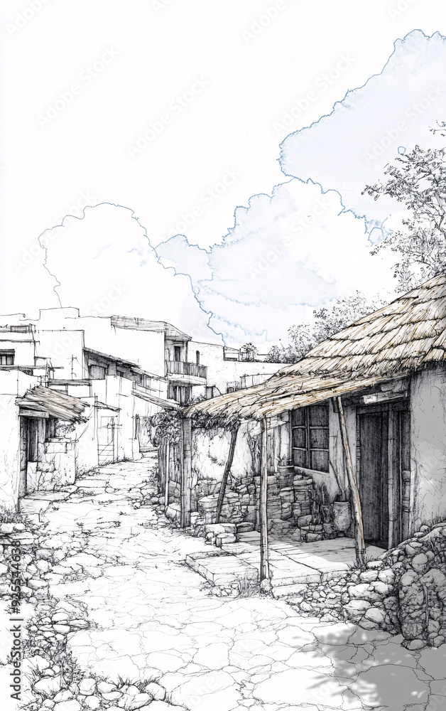 Fototapeta premium Architectural blueprint transitioning to a modern Mexican village, illustrating the transformation from technical drawing to fully rendered structures under a bright sky