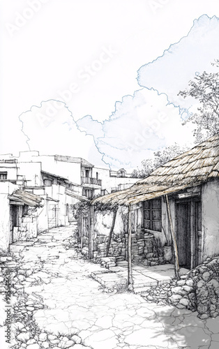 Wallpaper Mural Architectural blueprint transitioning to a modern Mexican village, illustrating the transformation from technical drawing to fully rendered structures under a bright sky Torontodigital.ca
