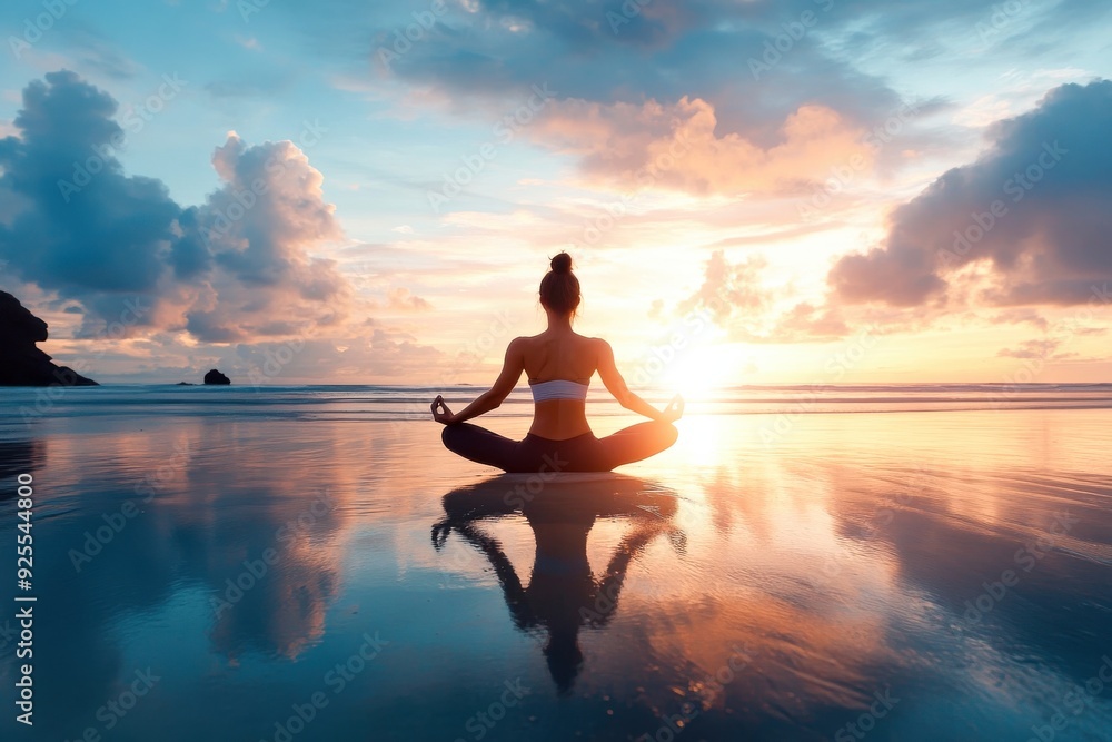 A serene figure practices yoga at sunset, reflecting peace amid the colorful sky and calm ocean waters A serene figure practices yoga at sunset, reflecting peace amid the colorful sky and calm ocean waters