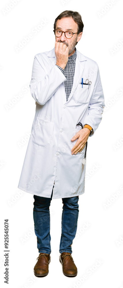 Fototapeta premium Middle age doctor men wearing medical coat looking stressed and nervous with hands on mouth biting nails. Anxiety problem.