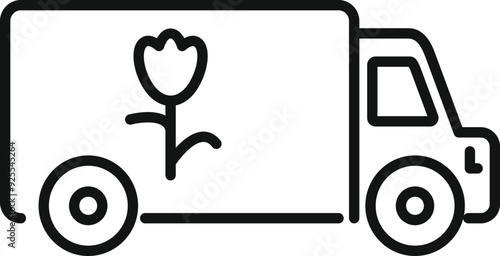 Simple line icon of a delivery truck bringing flowers, possibly for a celebration