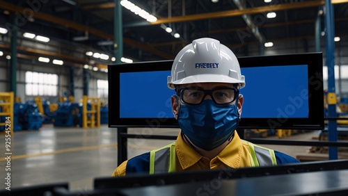 A human in factory background blank sign blue industry machine working photo