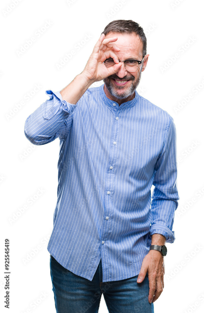 Middle age hoary senior man wearing glasses over isolated background doing ok gesture with hand smiling, eye looking through fingers with happy face. Middle age hoary senior man wearing glasses over isolated background doing ok gesture with hand smiling, eye looking through fingers with happy face.