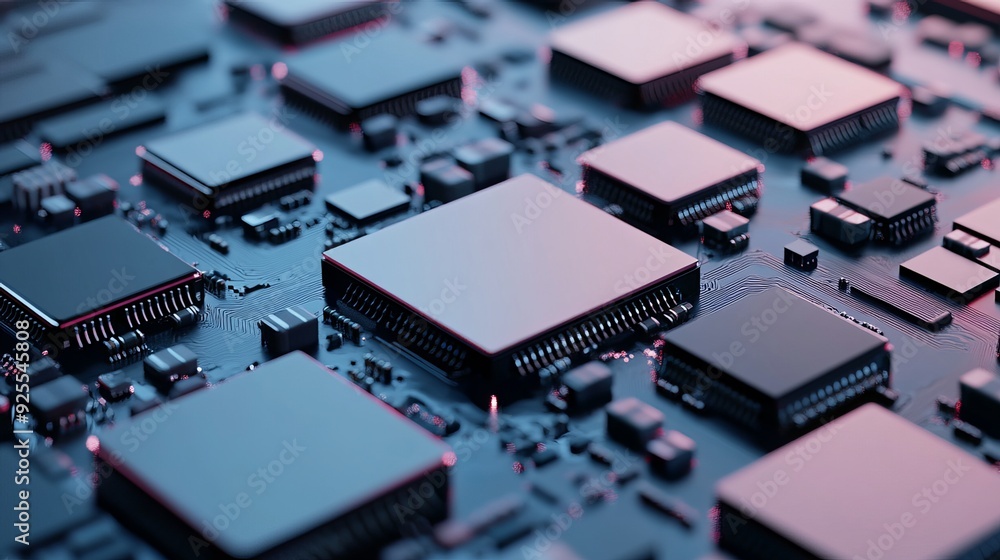 A futuristic microchip processor with lights on a blue background, representing a quantum computer and large data processing. The design includes an isometric view of the CPU and digital chip A futuristic microchip processor with lights on a blue background, representing a quantum computer and large data processing. The design includes an isometric view of the CPU and digital chip