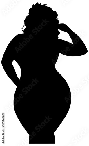 Silhouette of a curvy beautiful woman, in black, isolated 