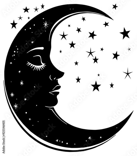 Sleeping crescent moon with stars, isolated 