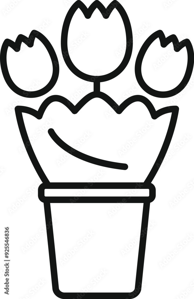 Simple line icon of a bouquet of tulips growing in a flower pot Simple line icon of a bouquet of tulips growing in a flower pot