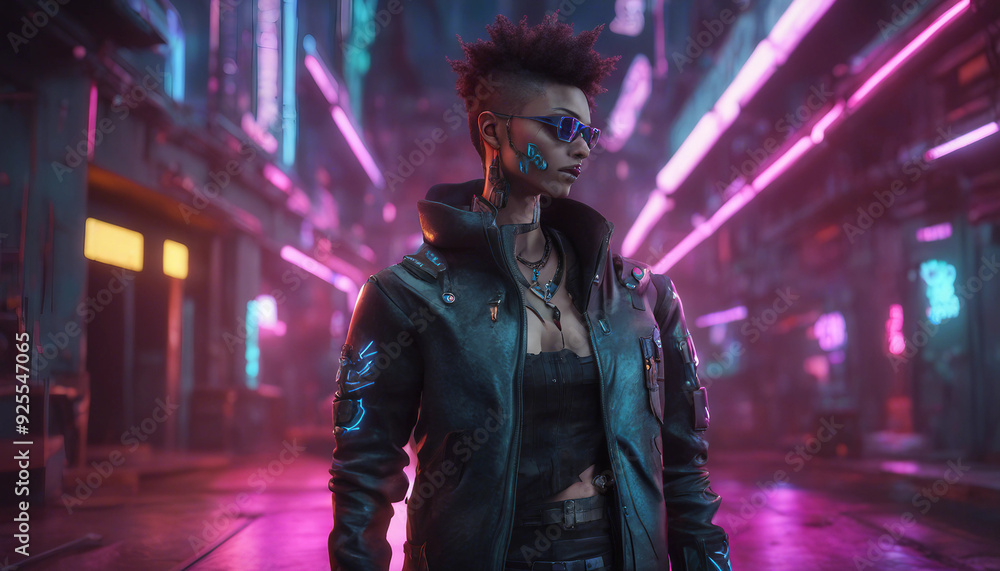 Obraz premium A 3D-rendered cyberpunk character standing in a neon-lit alley, with cybernetic enhancements