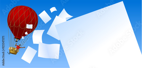 A white blank sheet of paper in close-up against the background of the sky and a red flying balloon from which a person throws paper flyers. Vector 
 illustration in 3d style