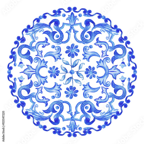Blue Round pattern Baroque style. Handmade Ceramic from watercolor. Traditional tribal ornament. Round plate. Capri Maiolica