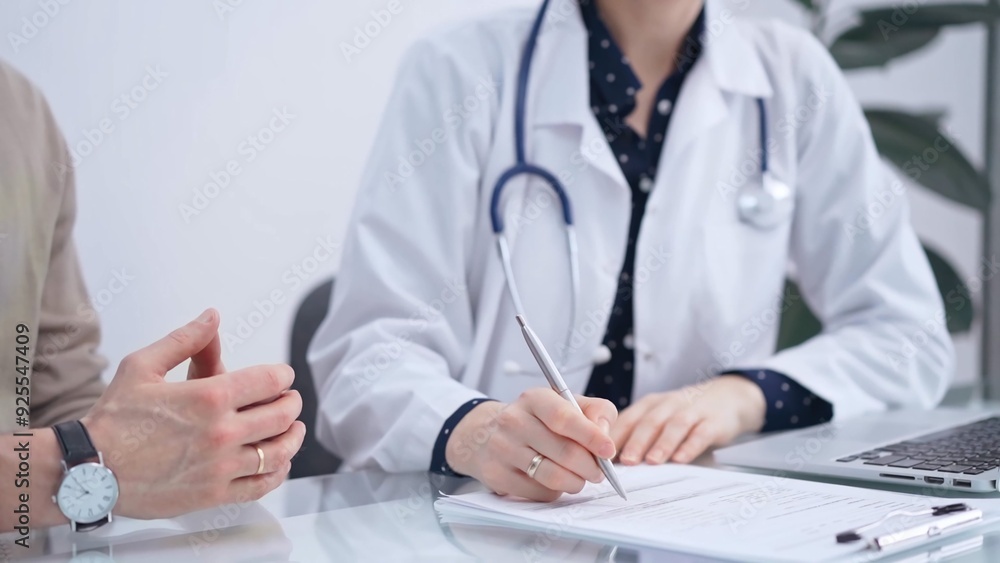Doctor and patient are talking in clinic after health check up. Female physician is making notes. Medicine concept Doctor and patient are talking in clinic after health check up. Female physician is making notes. Medicine concept