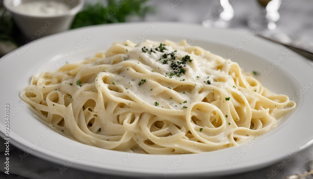 A decadent plate of fettuccine Alfredo, with a creamy, buttery sauce that clings to each strand A decadent plate of fettuccine Alfredo, with a creamy, buttery sauce that clings to each strand