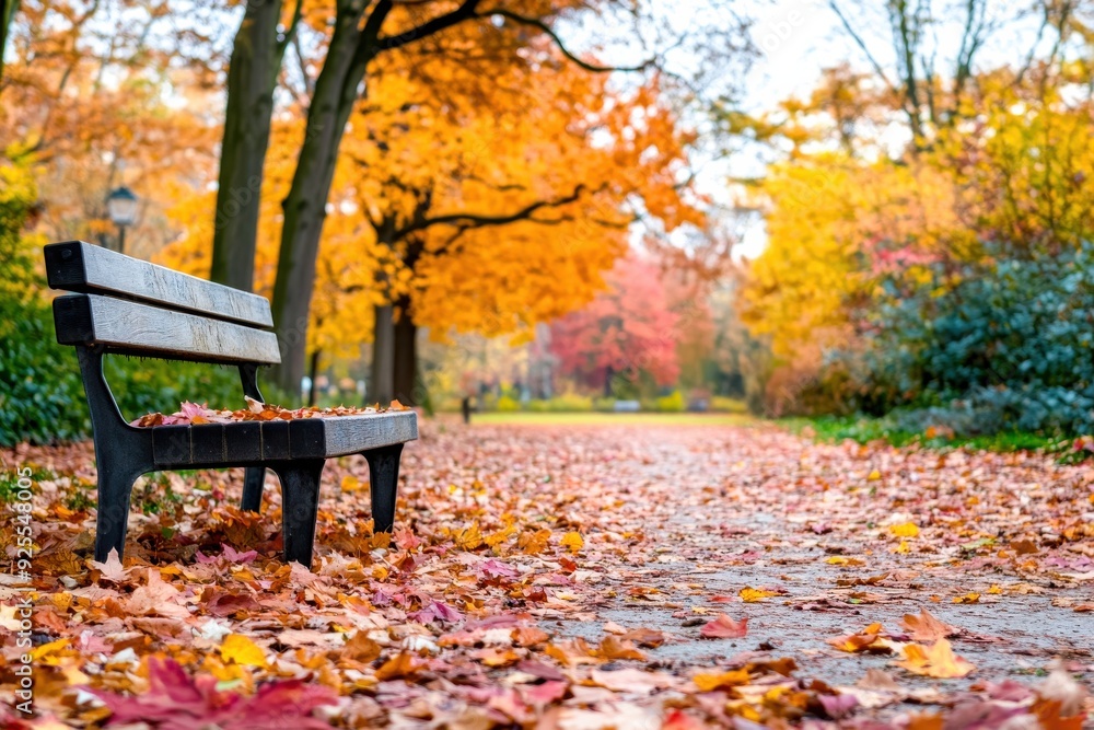 Colorful leaves blanket the ground, while a solitary bench invites visitors to enjoy the tranquility of a beautiful autumn day Colorful leaves blanket the ground, while a solitary bench invites visitors to enjoy the tranquility of a beautiful autumn day