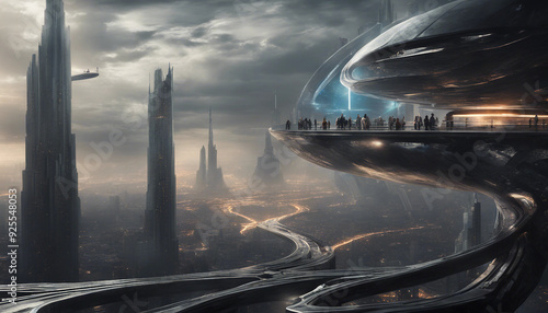 A dramatic and awe-inspiring scene of a futuristic city built on the very edge of a black hole