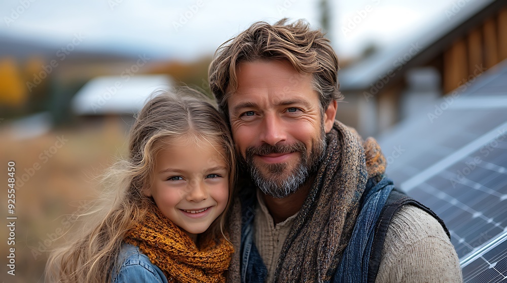 Father with girl on roof with solar panels, hugging. Rooftop solar or photovoltaic system. Sustainable future for next generation. Father with girl on roof with solar panels, hugging. Rooftop solar or photovoltaic system. Sustainable future for next generation.