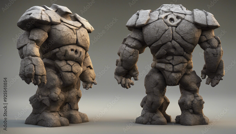 Fototapeta premium A massive 3D model of an ancient golem, made of stone and adorned with glowing runes