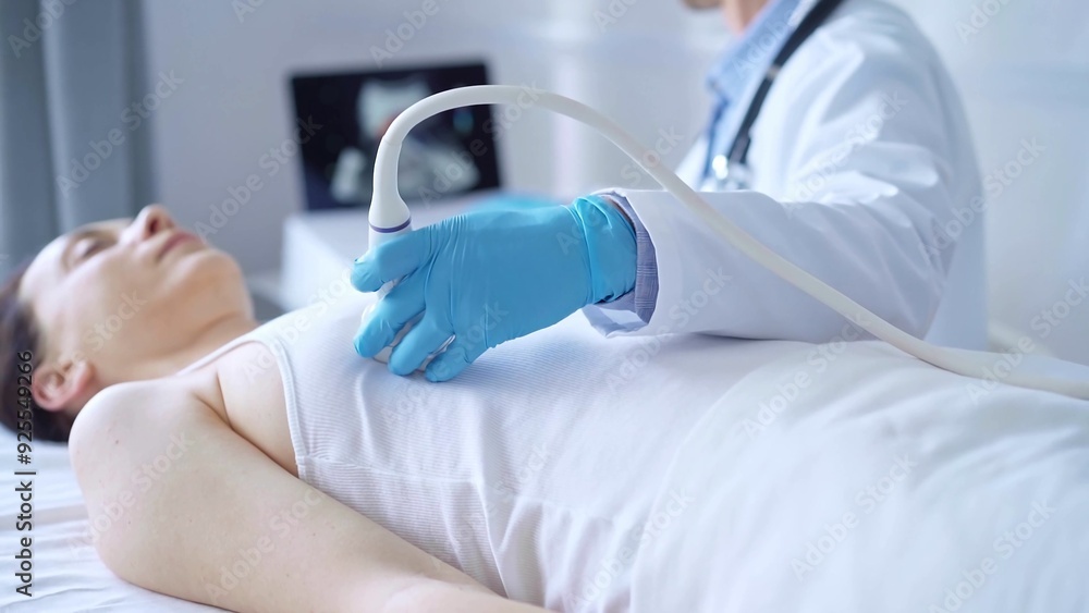 Fototapeta premium Doctor man, wearing white medical gloves, is using ultrasound equipment on the breast of a female patient. Female breast cancer prevention. Medicine concept