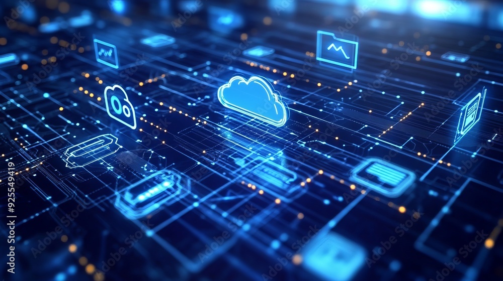 Cloud computing concept showcasing system integration and communication networks. Cloud computing concept showcasing system integration and communication networks.