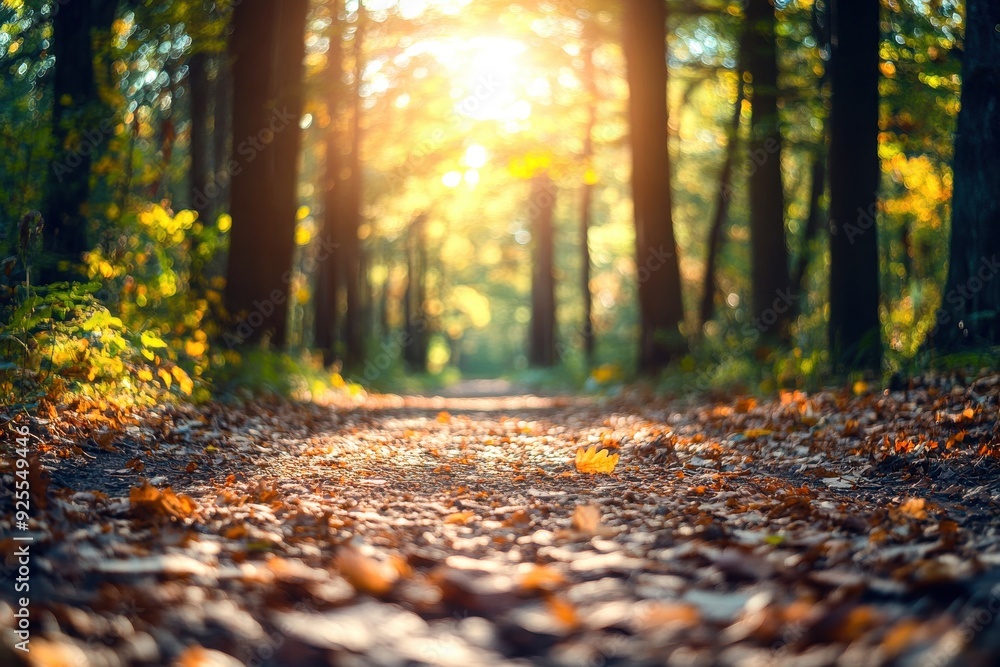 Sunlight cascades through trees, illuminating a tranquil forest path covered in colorful autumn leaves Sunlight cascades through trees, illuminating a tranquil forest path covered in colorful autumn leaves
