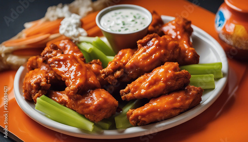 A platter of spicy buffalo wings, glistening in a rich, tangy sauce, served with celery sticks 