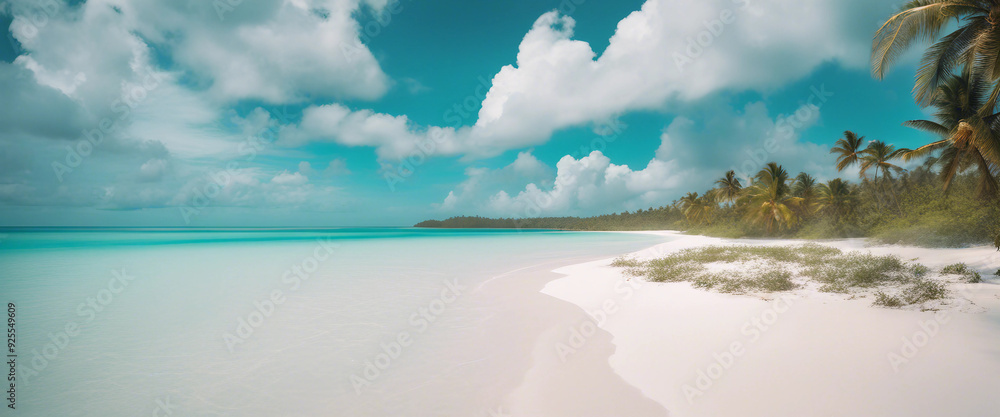 A pristine tropical beach with powdery white sand, crystal-clear turquoise waters, and swaying palm A pristine tropical beach with powdery white sand, crystal-clear turquoise waters, and swaying palm