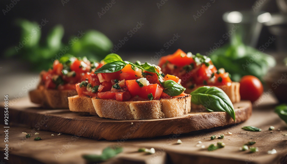 A rustic bruschetta topped with a mix of diced tomatoes, garlic, basil, and a drizzle of olive oil A rustic bruschetta topped with a mix of diced tomatoes, garlic, basil, and a drizzle of olive oil