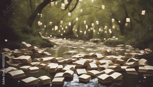 A whimsical image of a river made entirely of floating books, with each book open and its pages
