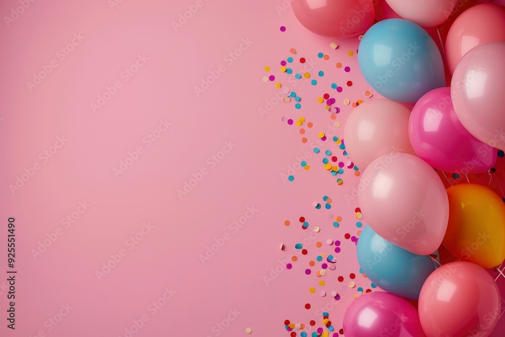 Pastel Pink Table With A Frame Of Balloons And Confetti For A Birthday, Top View Flat Lay Pastel Pink Table With A Frame Of Balloons And Confetti For A Birthday, Top View Flat Lay
