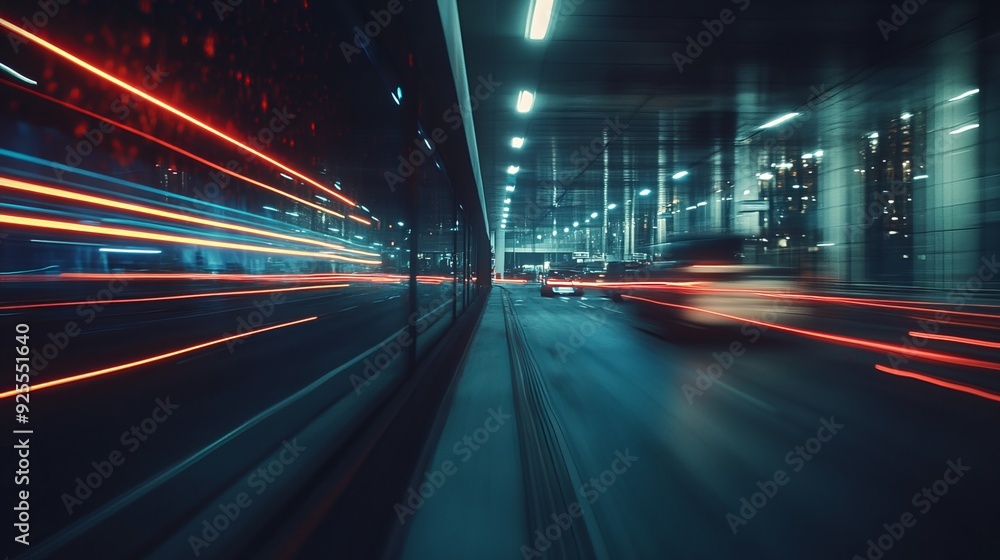 Motion time of a high-speed night drive through a big city, ending in an underground parking garage. The side view from the car window shows light trails from vehicles and street lights. Motion time of a high-speed night drive through a big city, ending in an underground parking garage. The side view from the car window shows light trails from vehicles and street lights.