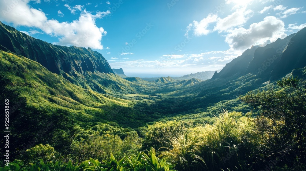 A breathtaking view reveals a verdant valley embraced by majestic mountains, bathed in warm sunlight and dotted with fluffy clouds A breathtaking view reveals a verdant valley embraced by majestic mountains, bathed in warm sunlight and dotted with fluffy clouds