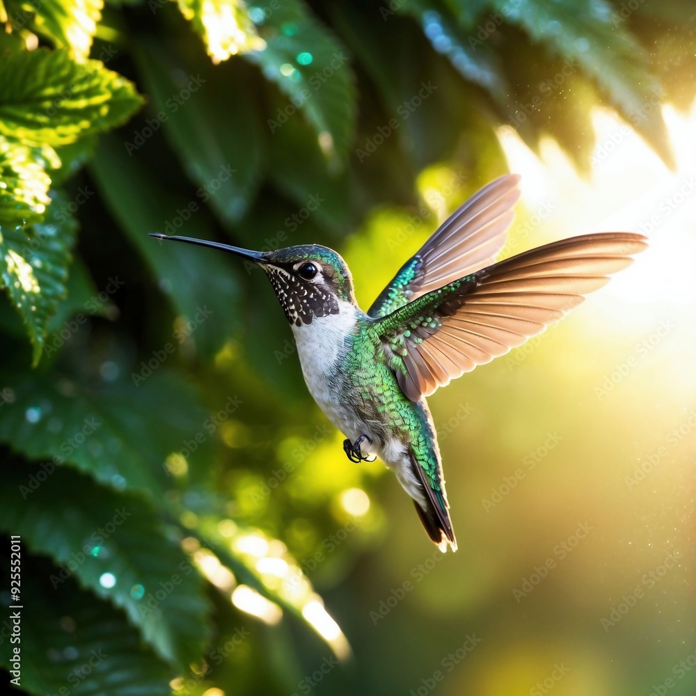 Fototapeta premium Hummingbird in Mid-Flight with Sunlit Background