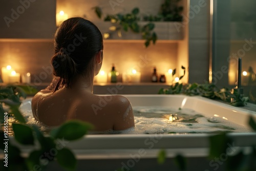 A photograph of a woman taking a relaxing bath in a modern bathroom, with candles and greenery around the tub