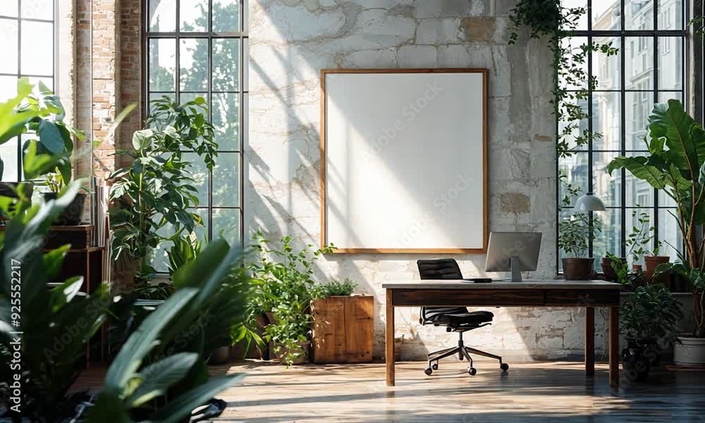 a desk with a laptop and a poster in a room a desk with a laptop and a poster in a room