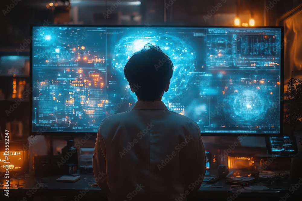 futuristic data scientist surrounded by holographic displays ai nodes connecting to brain interface streams of code flowing futuristic data scientist surrounded by holographic displays ai nodes connecting to brain interface streams of code flowing