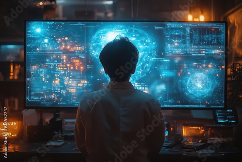 futuristic data scientist surrounded by holographic displays ai nodes connecting to brain interface streams of code flowing