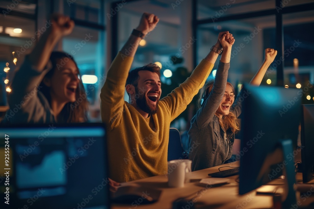A photograph of colleagues celebrating a small victory together in a startup office, with connection and teamwork A photograph of colleagues celebrating a small victory together in a startup office, with connection and teamwork