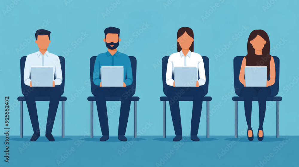 Four people sitting in chairs with laptops in front of them Four people sitting in chairs with laptops in front of them