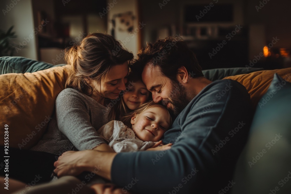 A photograph of parents cuddling with their children on the couch during movie night, with love and togetherness A photograph of parents cuddling with their children on the couch during movie night, with love and togetherness