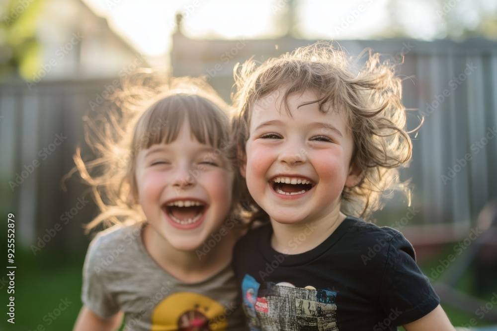 A photograph of siblings sharing a laugh while playing together in the backyard, with love and connection A photograph of siblings sharing a laugh while playing together in the backyard, with love and connection