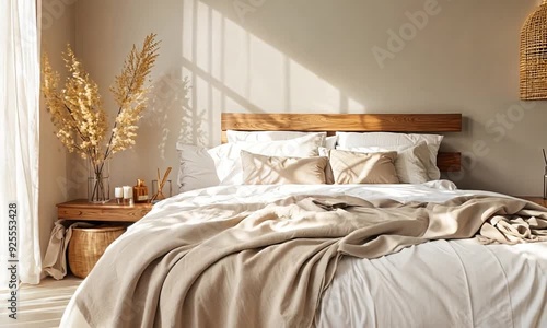 a bedroom with a large bed and a wicker basket