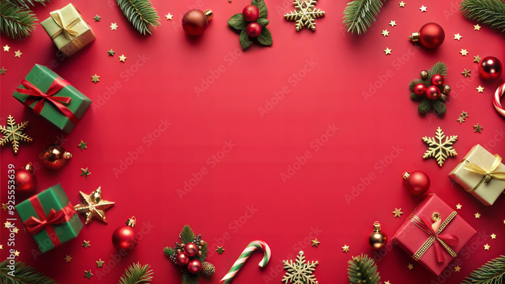 Christmas and New Year decoration on red background. Top view with copy space Christmas and New Year decoration on red background. Top view with copy space