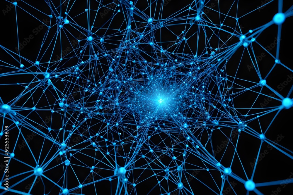 A blue and white image of a network of lines and dots A blue and white image of a network of lines and dots