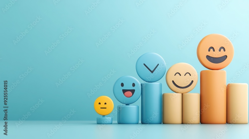 Colorful emoticons arranged in a playful graph showing increasing happiness on a bright blue background. Colorful emoticons arranged in a playful graph showing increasing happiness on a bright blue background.