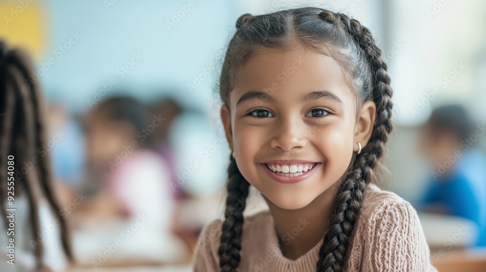 Biracial girl with braided hair smiles, sitting in a school classroom Biracial girl with braided hair smiles, sitting in a school classroom