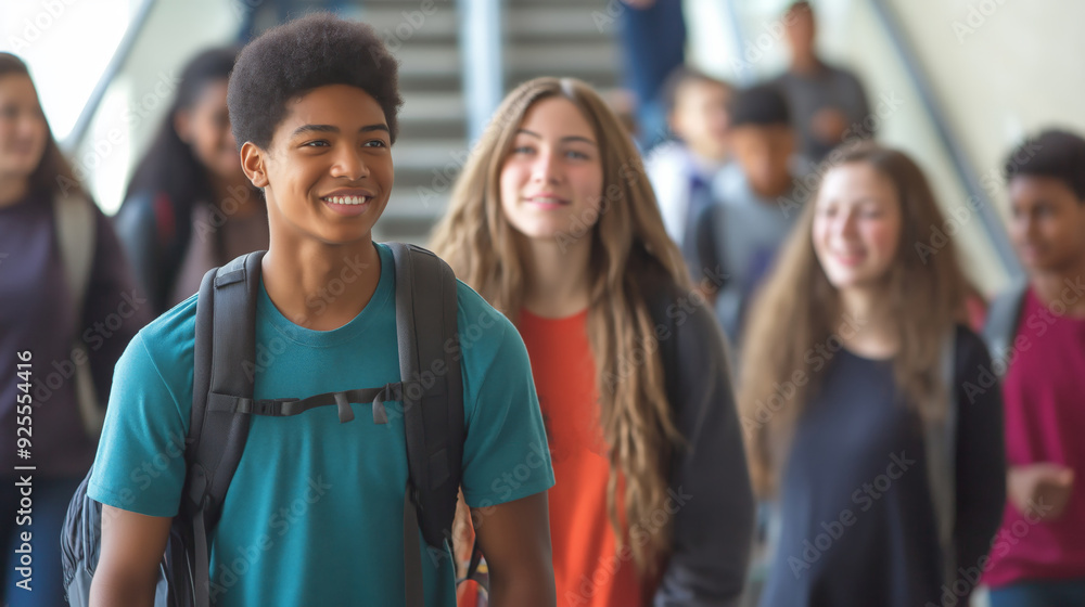 Obraz premium Diverse students walk in a high school stairwell