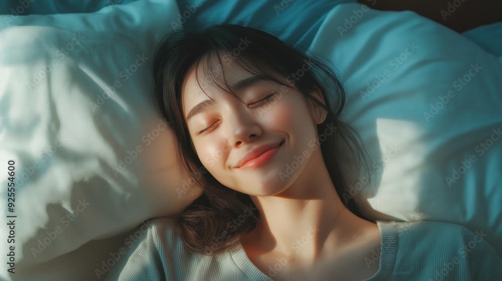 Happy asian woman lying asleep on white pillow Happy asian woman lying asleep on white pillow