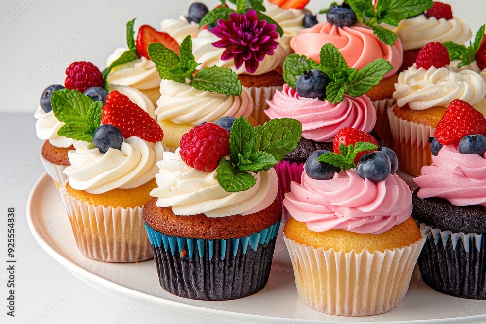 Various Cupcakes Arranged On A Tiered Cupcake Stand, Beautifully Decorated For A Party Various Cupcakes Arranged On A Tiered Cupcake Stand, Beautifully Decorated For A Party