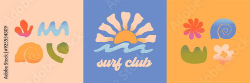 Vector abstract summer beach,surf club emblems.Hand drawn seashell,coral,ocean waves with sun.Modern graphic in simple style for banners,smm,branding,covers,prints.Retro summer vacation aesthetic