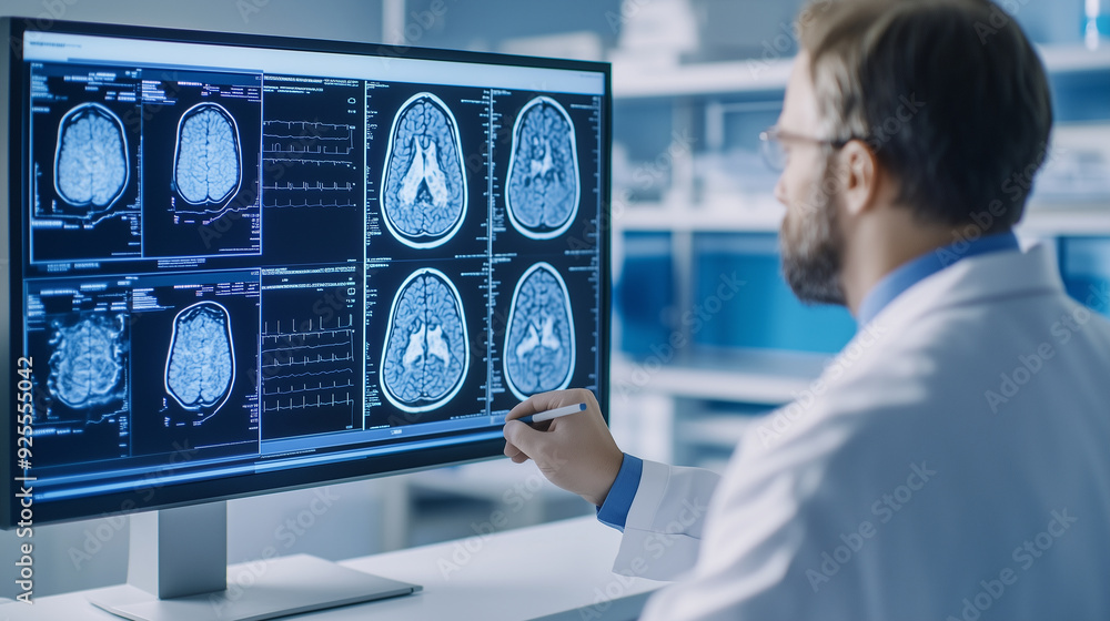 Doctor reviewing detailed MRI images on a large monitor, in a state-of-the-art medical facility, the scene captures the precision and expertise required in neurological diagnosis a Doctor reviewing detailed MRI images on a large monitor, in a state-of-the-art medical facility, the scene captures the precision and expertise required in neurological diagnosis a